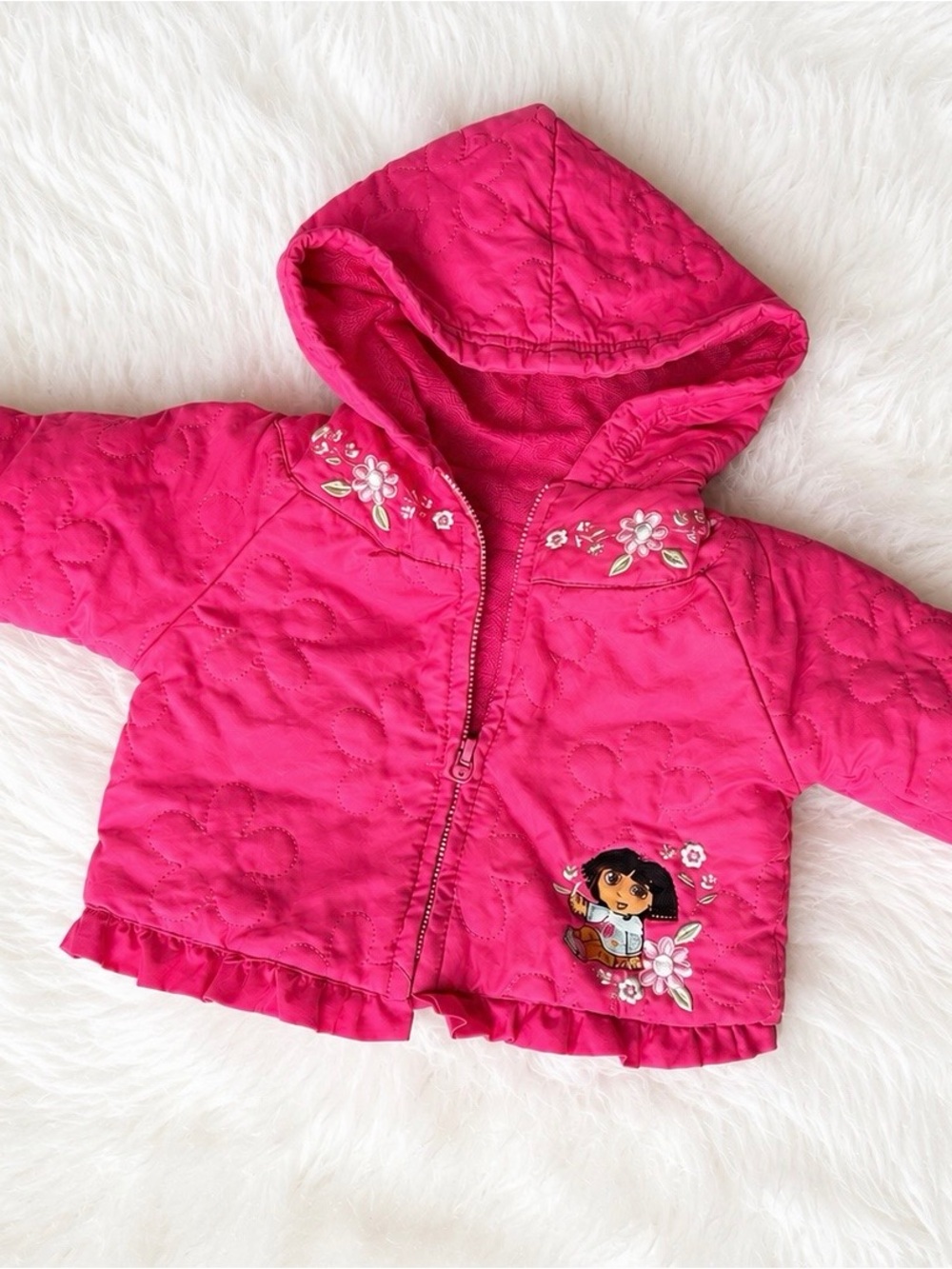🔥Vintage Nick JR. Pink Hooded Quilted Jacket with Floral Embroidery / 3-6M